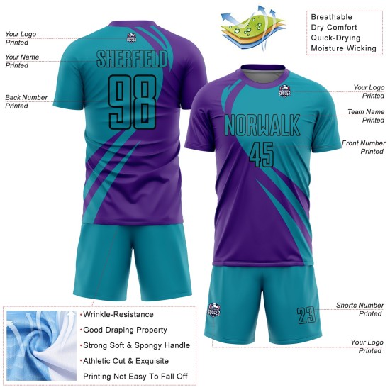 Uniform Soccer Lines Sublimation Jersey Teal-Black Custom Curve Purple Uniform Soccer Lines Sublimation Jersey Teal-Black Custom Curve Purple