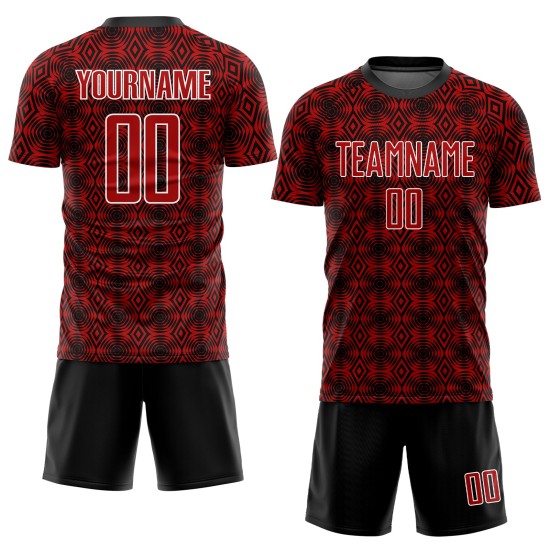 Red Uniform Jersey Custom Soccer Black-White Shapes Sublimation Geometric