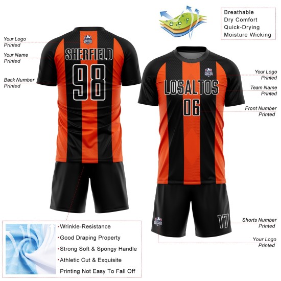 Black Custom Sublimation Uniform Orange-White Soccer Jersey Line Black Custom Sublimation Uniform Orange-White Soccer Jersey Line