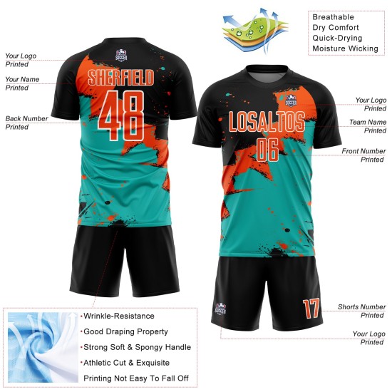 Spalsh Black Jersey Custom Soccer Uniform Sublimation Orange-Aqua Spalsh Black Jersey Custom Soccer Uniform Sublimation Orange-Aqua