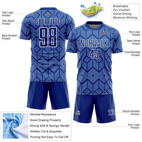 Custom Royal Geometric Jersey Light Shapes Sublimation Uniform Blue-White Soccer Abstract Custom Royal Geometric Jersey Light Shapes Sublimation Uniform Blue-White Soccer Abstract