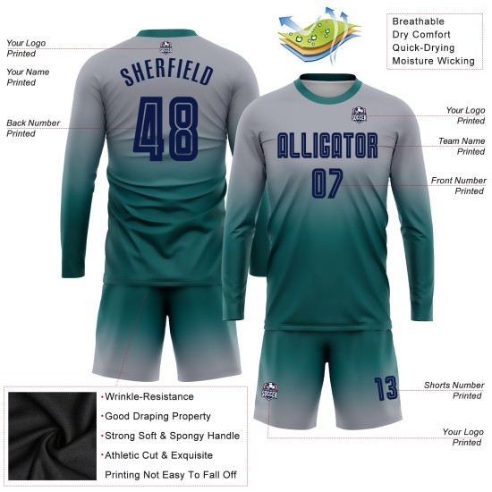 Jersey Sublimation Long Fade Uniform Navy-Teal Custom Sleeve Gray Soccer Fashion Jersey Sublimation Long Fade Uniform Navy-Teal Custom Sleeve Gray Soccer Fashion