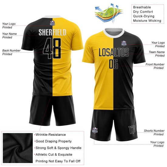 Black-White Custom Sublimation Fashion Split Uniform Jersey Soccer Gold Black-White Custom Sublimation Fashion Split Uniform Jersey Soccer Gold