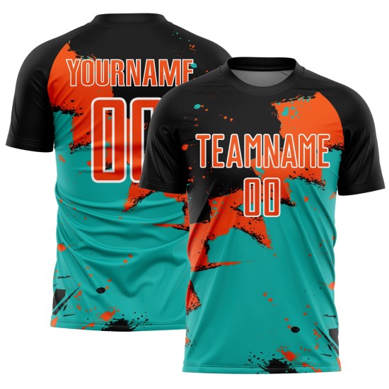Spalsh Black Jersey Custom Soccer Uniform Sublimation Orange-Aqua Spalsh Black Jersey Custom Soccer Uniform Sublimation Orange-Aqua