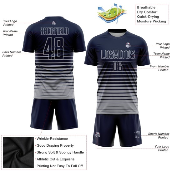 Custom Pinstripe Sublimation Navy Gray Uniform Jersey Fade Soccer Fashion Custom Pinstripe Sublimation Navy Gray Uniform Jersey Fade Soccer Fashion