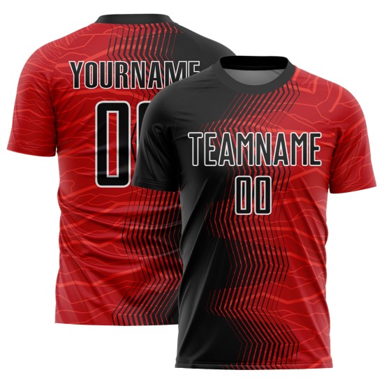 Red Soccer Sublimation Uniform Black-White Jersey Arrow Gradient Custom Red Soccer Sublimation Uniform Black-White Jersey Arrow Gradient Custom