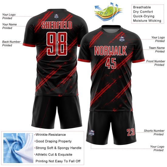 Jersey Sublimation Black Soccer Uniform Red-White Custom Jersey Sublimation Black Soccer Uniform Red-White Custom