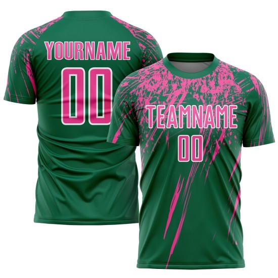 Custom Kelly Green Soccer Uniform Jersey Sublimation Pink-White Custom Kelly Green Soccer Uniform Jersey Sublimation Pink-White