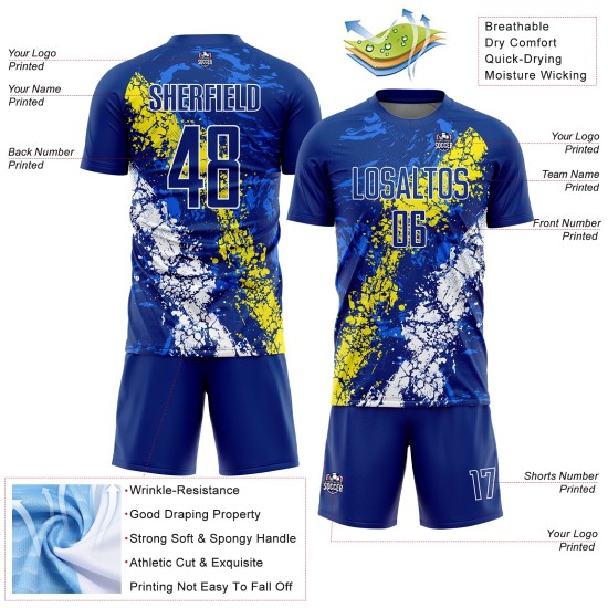 Jersey Art Uniform Yellow-White Sublimation Splatter Custom Light Royal Dripping Soccer Jersey Art Uniform Yellow-White Sublimation Splatter Custom Light Royal Dripping Soccer