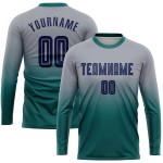 Jersey Sublimation Long Fade Uniform Navy-Teal Custom Sleeve Gray Soccer Fashion Jersey Sublimation Long Fade Uniform Navy-Teal Custom Sleeve Gray Soccer Fashion