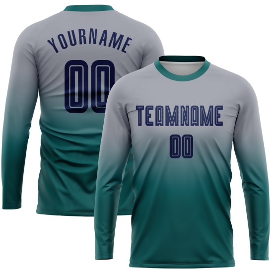 Jersey Sublimation Long Fade Uniform Navy-Teal Custom Sleeve Gray Soccer Fashion Jersey Sublimation Long Fade Uniform Navy-Teal Custom Sleeve Gray Soccer Fashion
