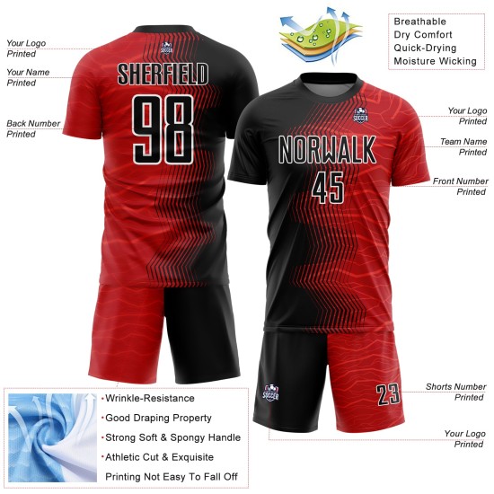 Red Soccer Sublimation Uniform Black-White Jersey Arrow Gradient Custom Red Soccer Sublimation Uniform Black-White Jersey Arrow Gradient Custom