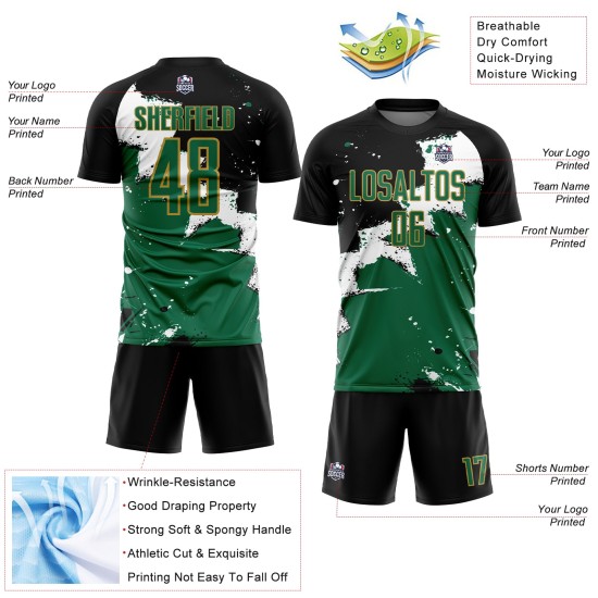 Kelly Uniform Sublimation Soccer Jersey Green-Old Black Spalsh Custom Gold Kelly Uniform Sublimation Soccer Jersey Green-Old Black Spalsh Custom Gold