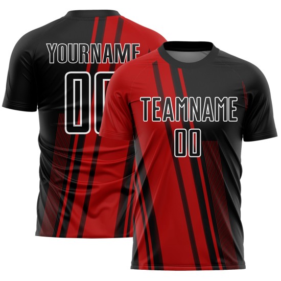 Black-White Soccer Custom Uniform Red Jersey Lines Sublimation Black-White Soccer Custom Uniform Red Jersey Lines Sublimation