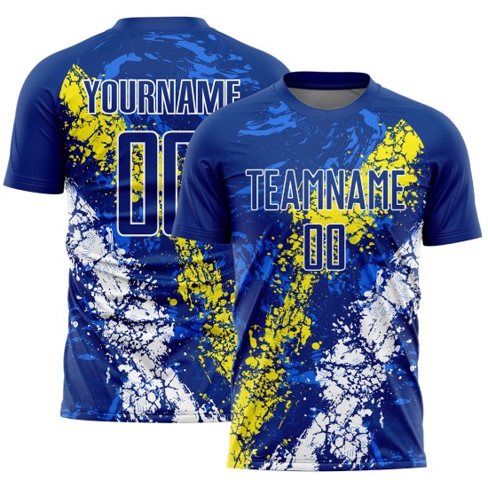 Jersey Art Uniform Yellow-White Sublimation Splatter Custom Light Royal Dripping Soccer Jersey Art Uniform Yellow-White Sublimation Splatter Custom Light Royal Dripping Soccer