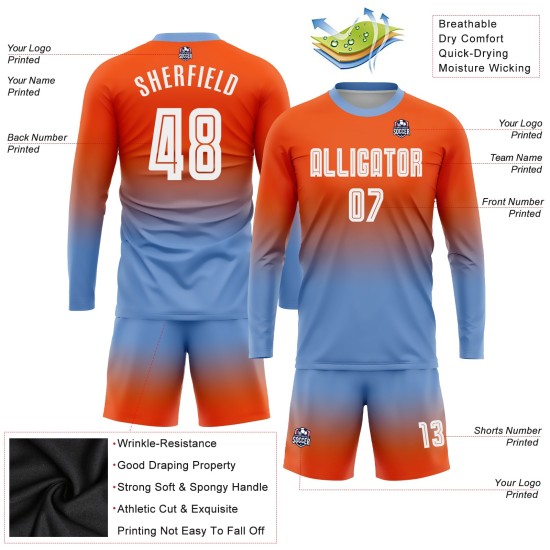 Orange Jersey Custom Uniform Soccer Fashion Sublimation Fade Sleeve White-Light Blue Long Orange Jersey Custom Uniform Soccer Fashion Sublimation Fade Sleeve White-Light Blue Long