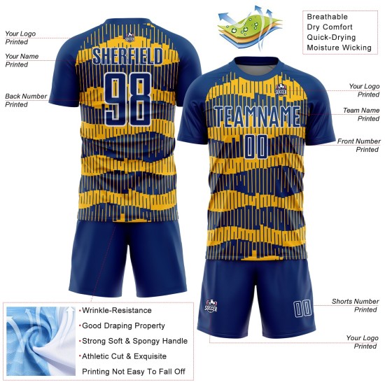 Uniform Custom Pinstripe Soccer Royal Jersey Sublimation Gold-White Uniform Custom Pinstripe Soccer Royal Jersey Sublimation Gold-White