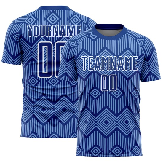Custom Royal Geometric Jersey Light Shapes Sublimation Uniform Blue-White Soccer Abstract Custom Royal Geometric Jersey Light Shapes Sublimation Uniform Blue-White Soccer Abstract