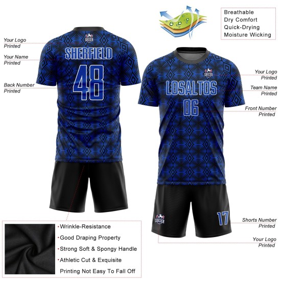 Black-White Thunder Custom Soccer Geometric Uniform Shapes Sublimation Blue Jersey Black-White Thunder Custom Soccer Geometric Uniform Shapes Sublimation Blue Jersey