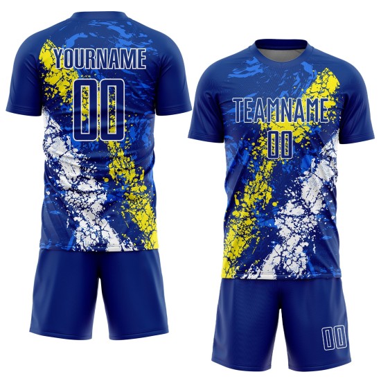 Jersey Art Uniform Yellow-White Sublimation Splatter Custom Light Royal Dripping Soccer Jersey Art Uniform Yellow-White Sublimation Splatter Custom Light Royal Dripping Soccer