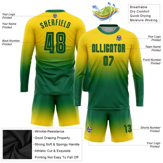 Custom Jersey Kelly Uniform Sublimation Gold Soccer Fade Sleeve Green Long Fashion Custom Jersey Kelly Uniform Sublimation Gold Soccer Fade Sleeve Green Long Fashion