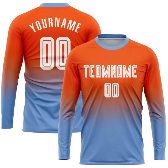 Orange Jersey Custom Uniform Soccer Fashion Sublimation Fade Sleeve White-Light Blue Long Orange Jersey Custom Uniform Soccer Fashion Sublimation Fade Sleeve White-Light Blue Long
