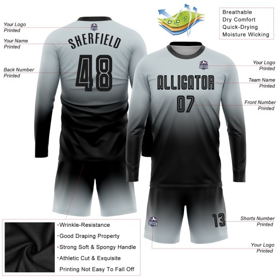 Fade Sublimation Long Black Silver Uniform Jersey Fashion Sleeve Soccer Custom Fade Sublimation Long Black Silver Uniform Jersey Fashion Sleeve Soccer Custom