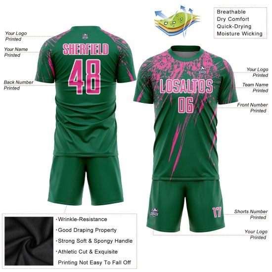 Custom Kelly Green Soccer Uniform Jersey Sublimation Pink-White Custom Kelly Green Soccer Uniform Jersey Sublimation Pink-White