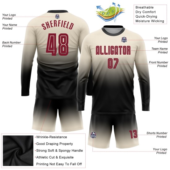 Long Soccer Sublimation Sleeve Cream Crimson-Black Uniform Custom Jersey Fashion Fade Long Soccer Sublimation Sleeve Cream Crimson-Black Uniform Custom Jersey Fashion Fade