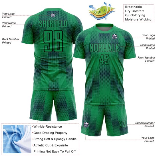 Custom Black Sublimation Green Uniform Jersey Kelly Shapes Soccer Geometric Custom Black Sublimation Green Uniform Jersey Kelly Shapes Soccer Geometric