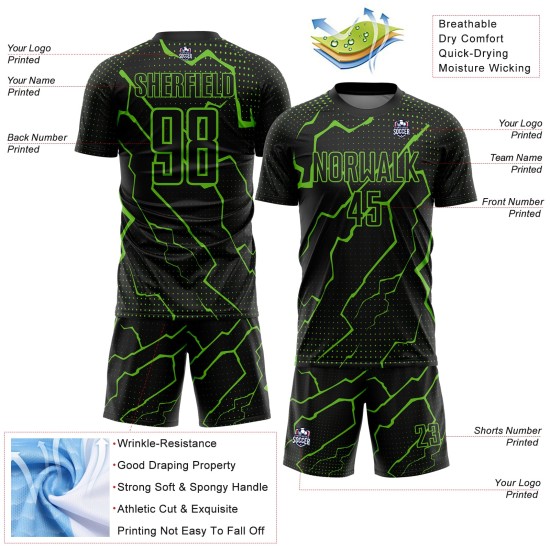 Custom Aurora Black Sublimation Jersey Green Uniform Lightning Soccer Custom Aurora Black Sublimation Jersey Green Uniform Lightning Soccer